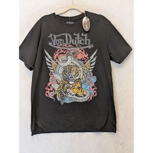 Von Dutch Womens Black Rhinestone Tiger Snake Graphic T-Shirt Medium NWT